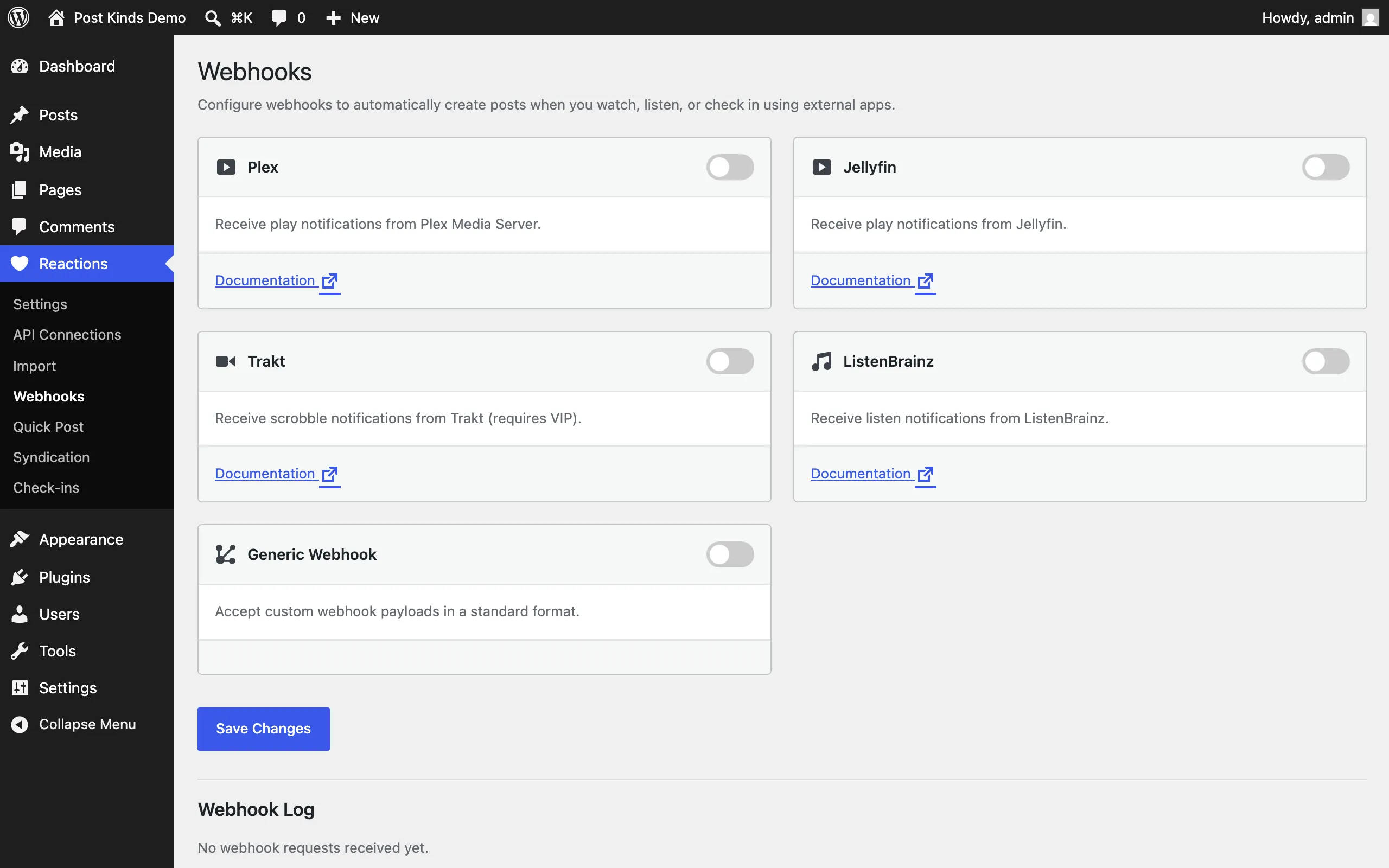 Webhooks page with per-service webhook URLs and secret controls