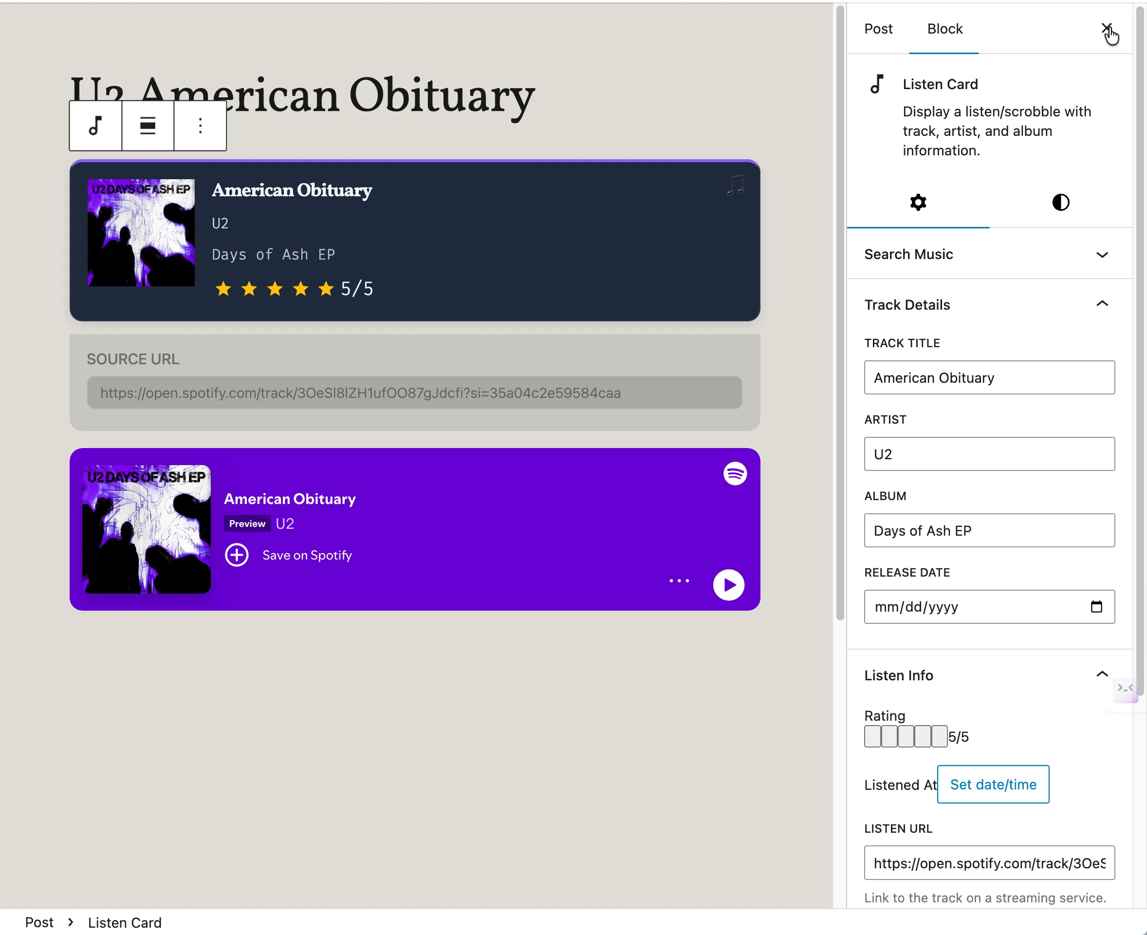 Listen Card block in the editor showing a song with album art and rating