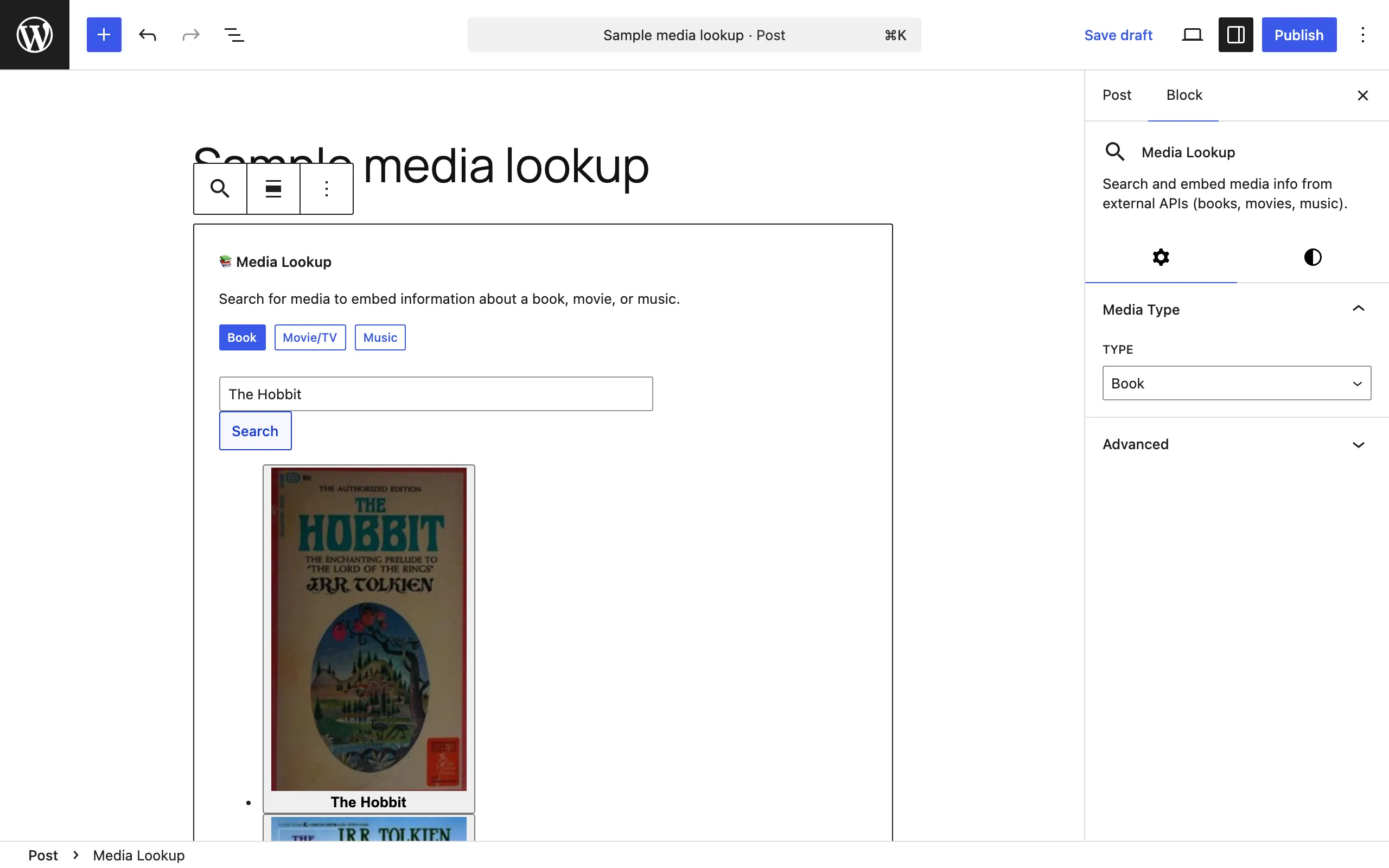 Media Lookup block showing search results