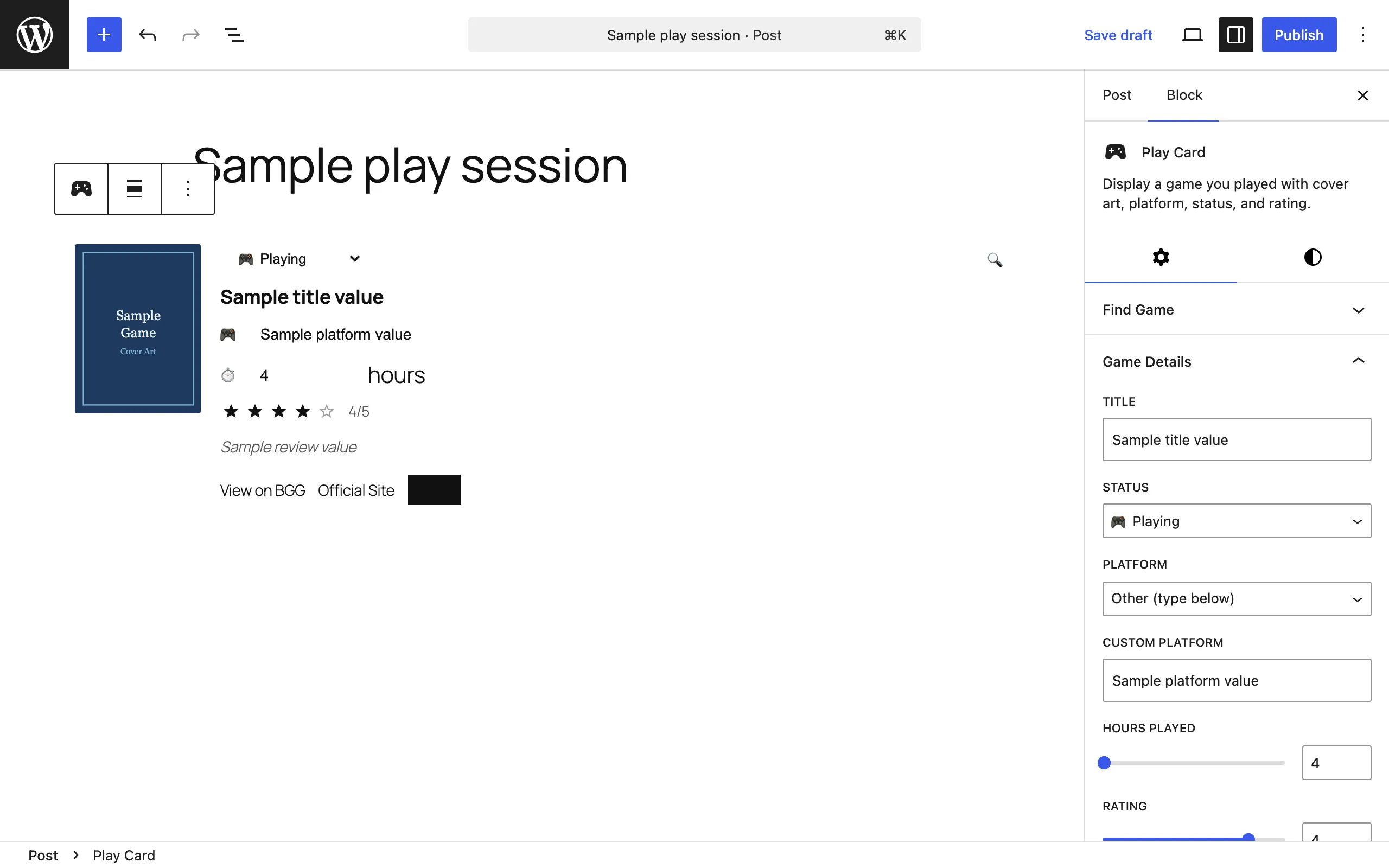 Play Card block with game cover and platform details