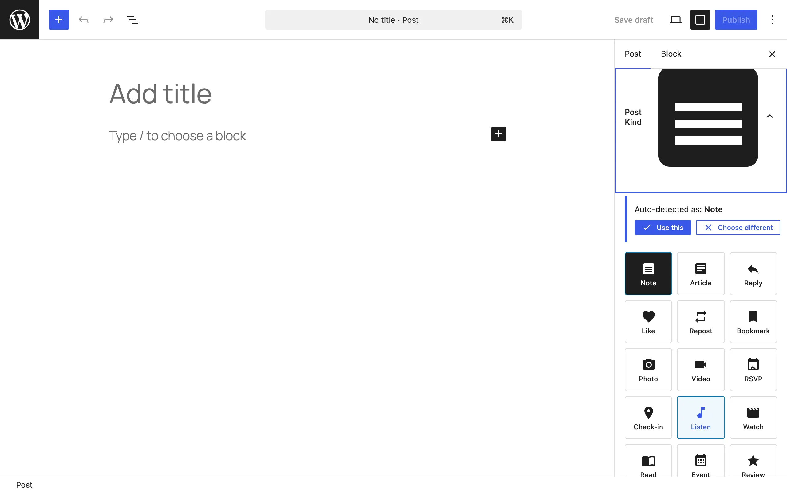 Post Kind panel in the editor sidebar with the kind grid and an auto-detection notice