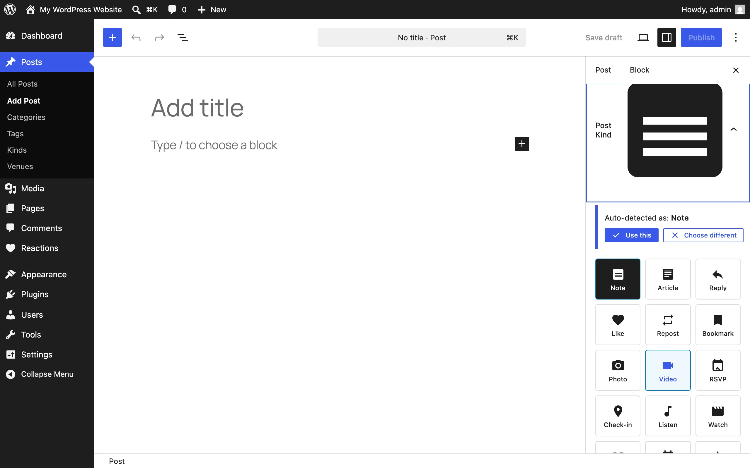 Post Kind panel in the editor sidebar with the kind grid and an auto-detection notice
