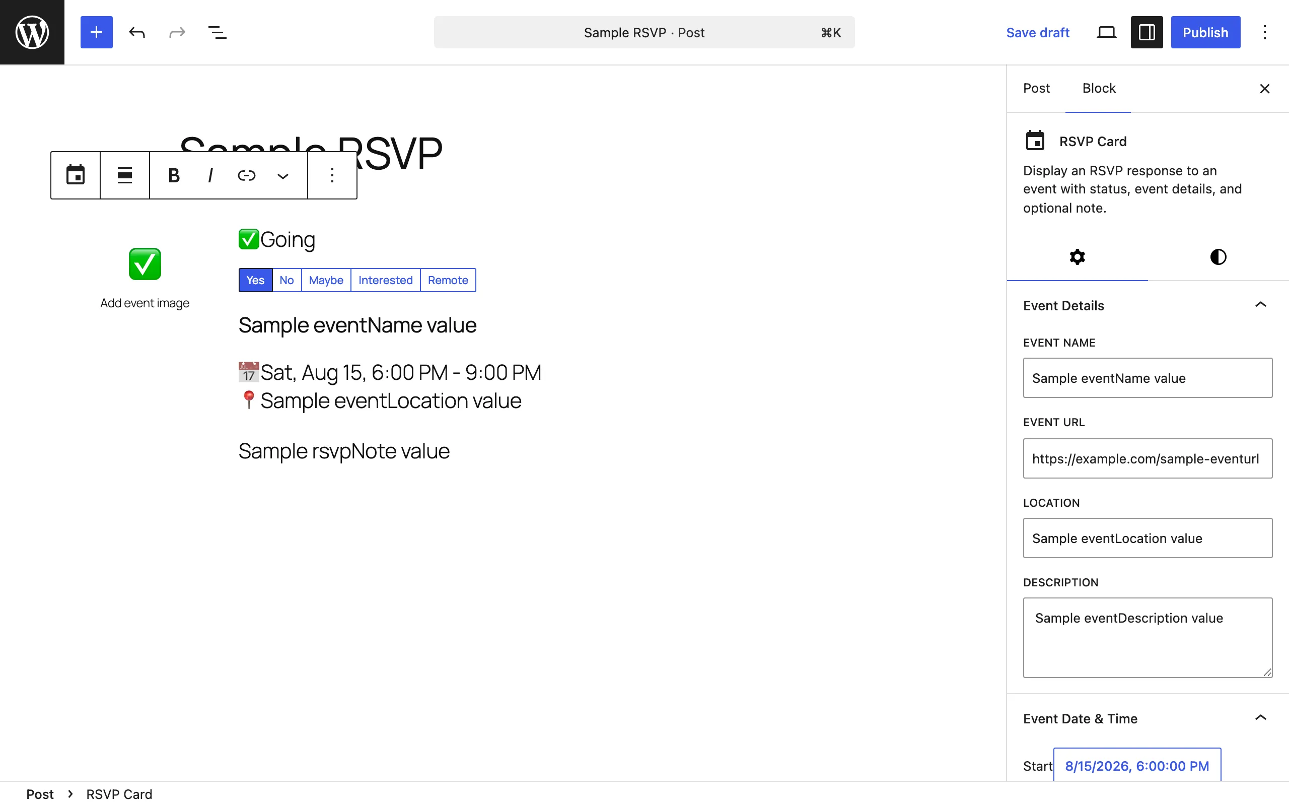 RSVP Card block showing an event response