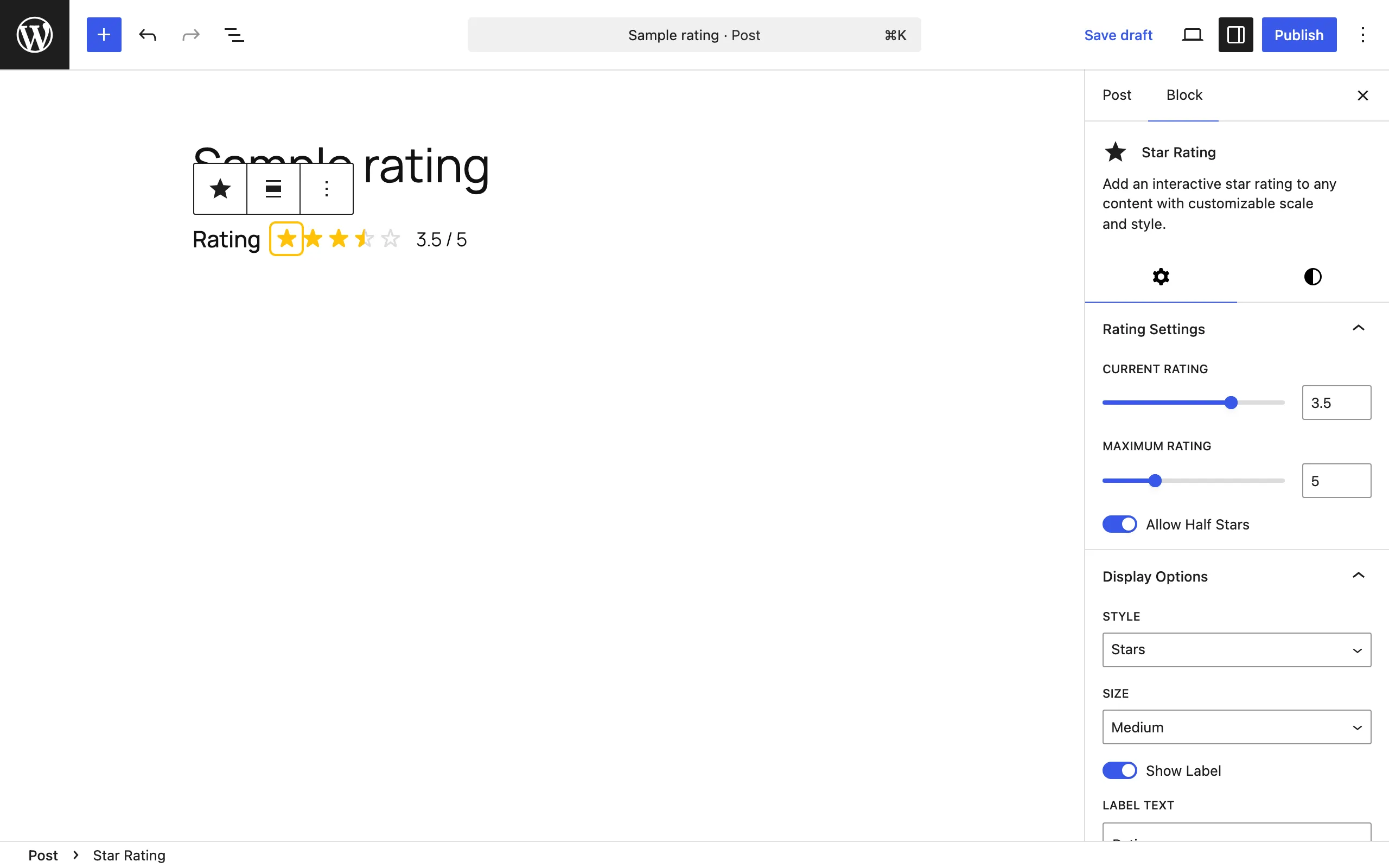 Star Rating block with half-star rating selected