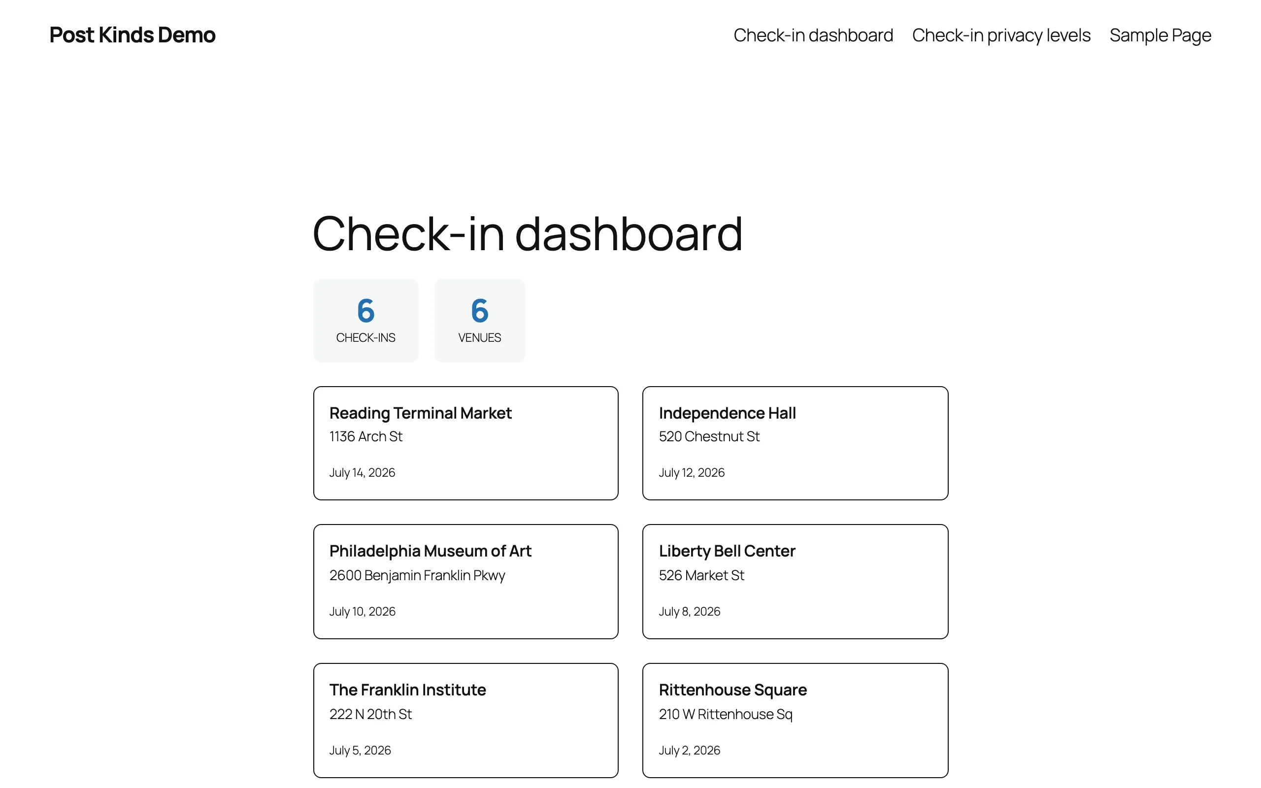 Check-in Dashboard block showing a populated grid of check-ins