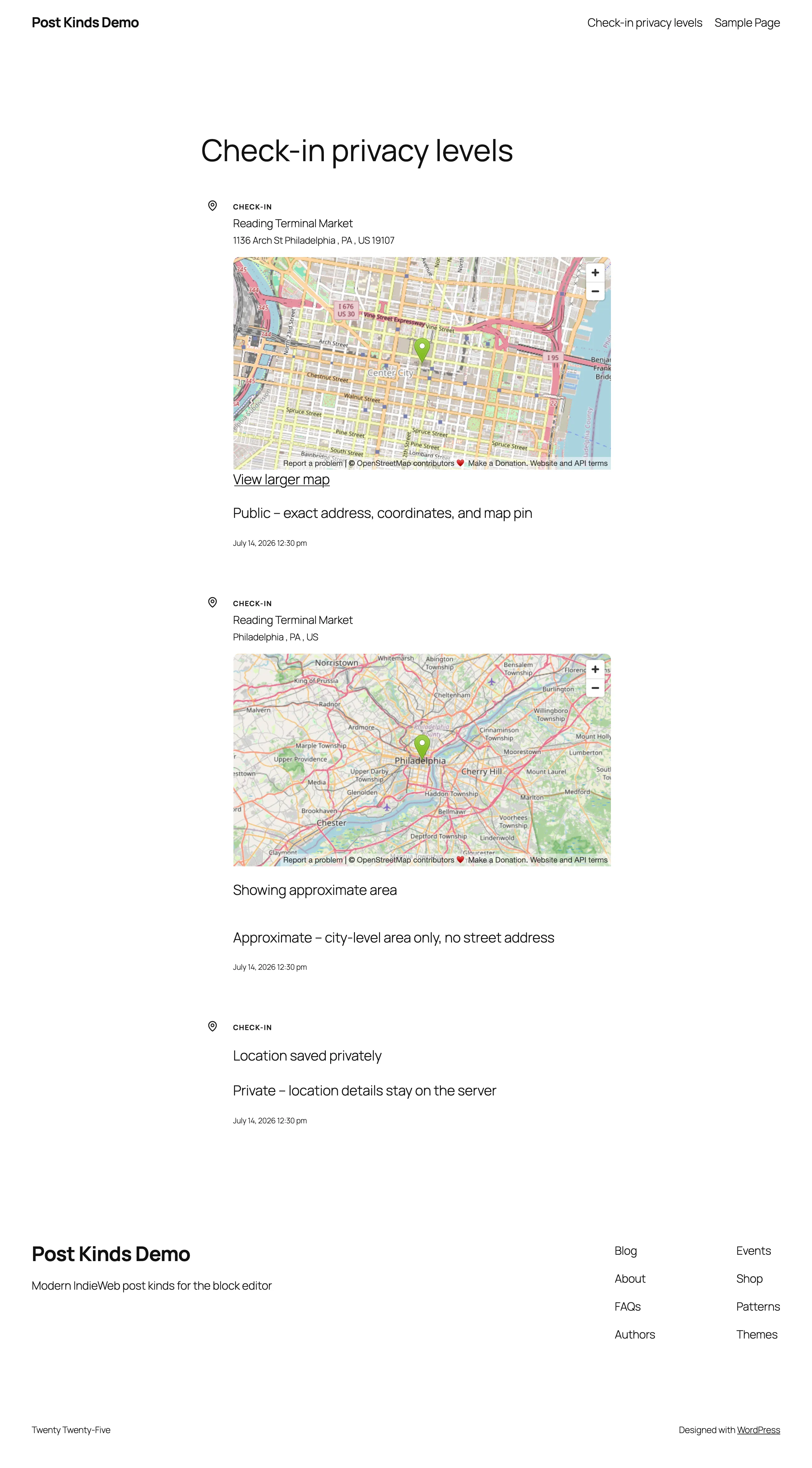 Three published check-ins showing how each privacy level redacts location detail