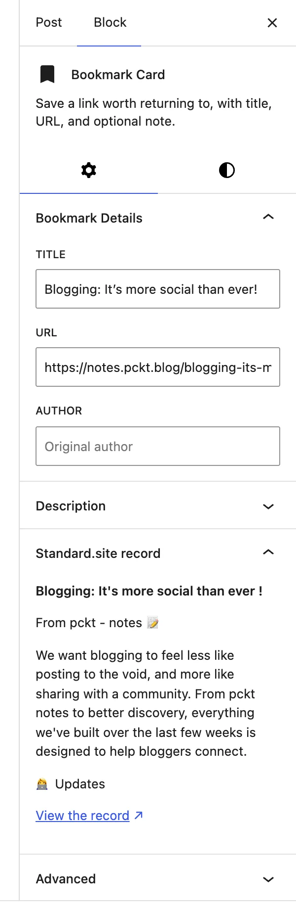 The Standard.site record panel in a Bookmark Card’s settings, showing the resolved title “Blogging: It’s more social than ever!”, the line “From pckt - notes”, the author’s description and tags, and a link reading View the record