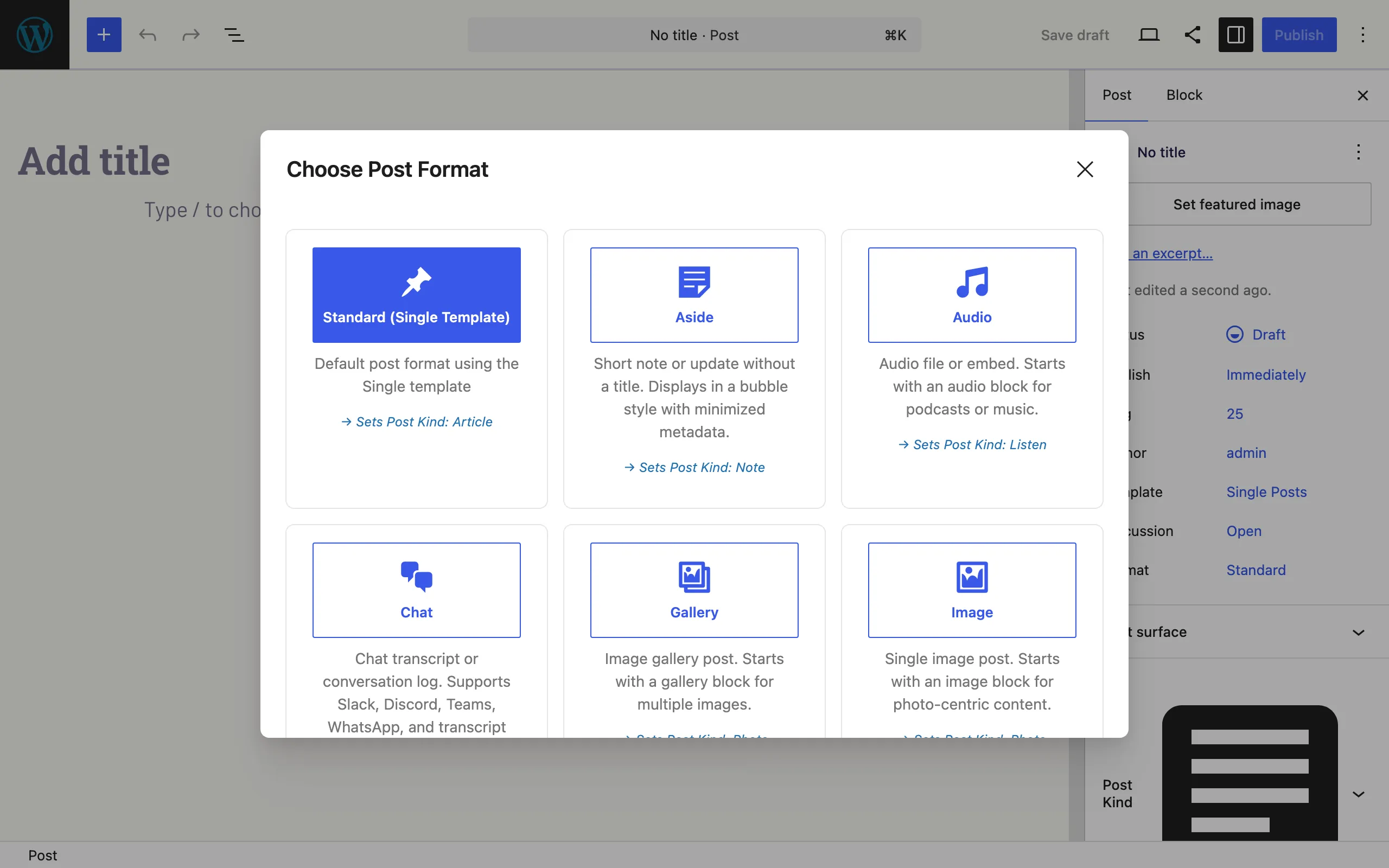 Choose Post Format modal where each format card shows a Sets Post Kind line, with the Post Kind panel visible in the editor sidebar