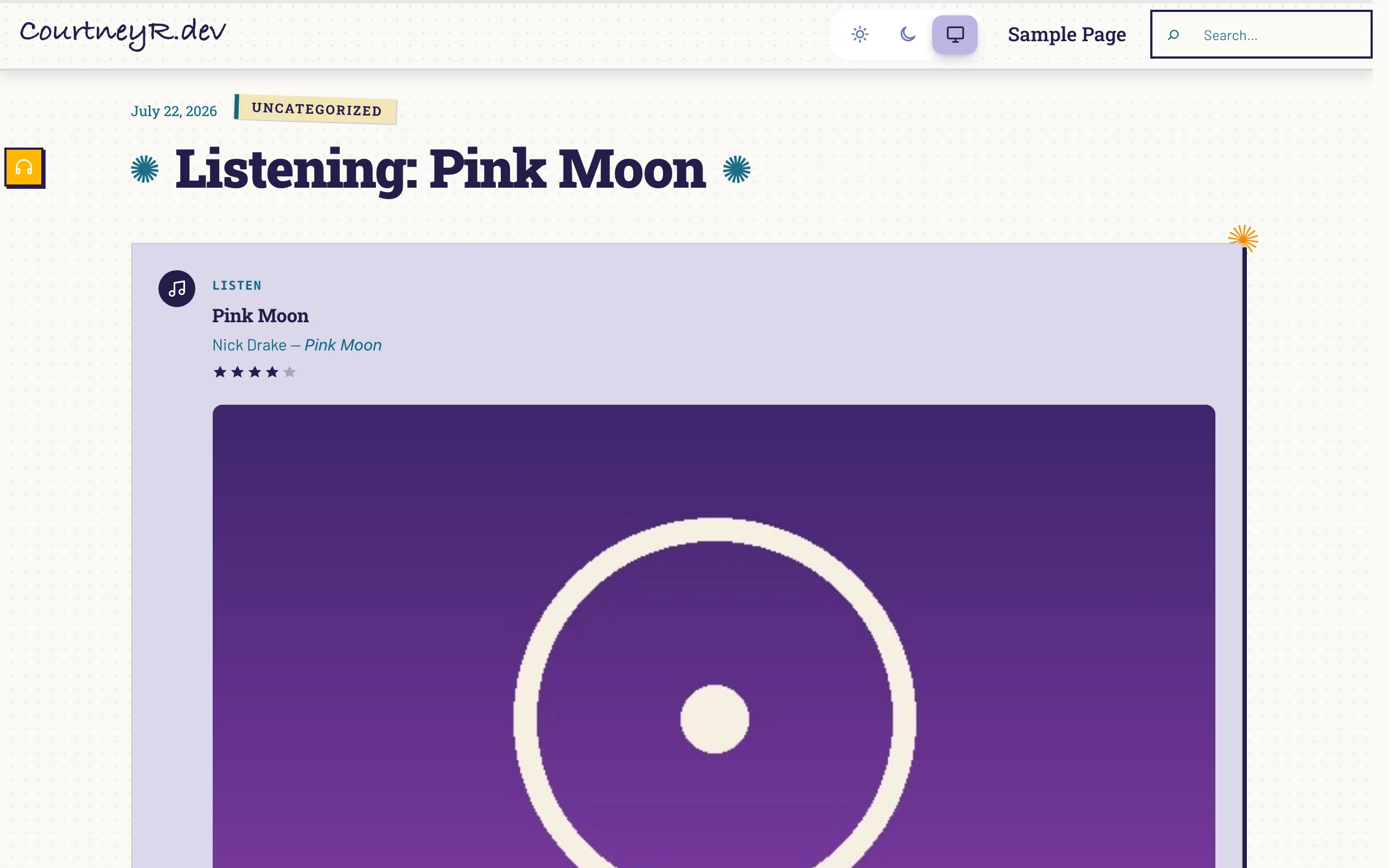 Listen Card for an album rendered on a zine-styled block theme with cover art, star rating, and hard-shadow card styling