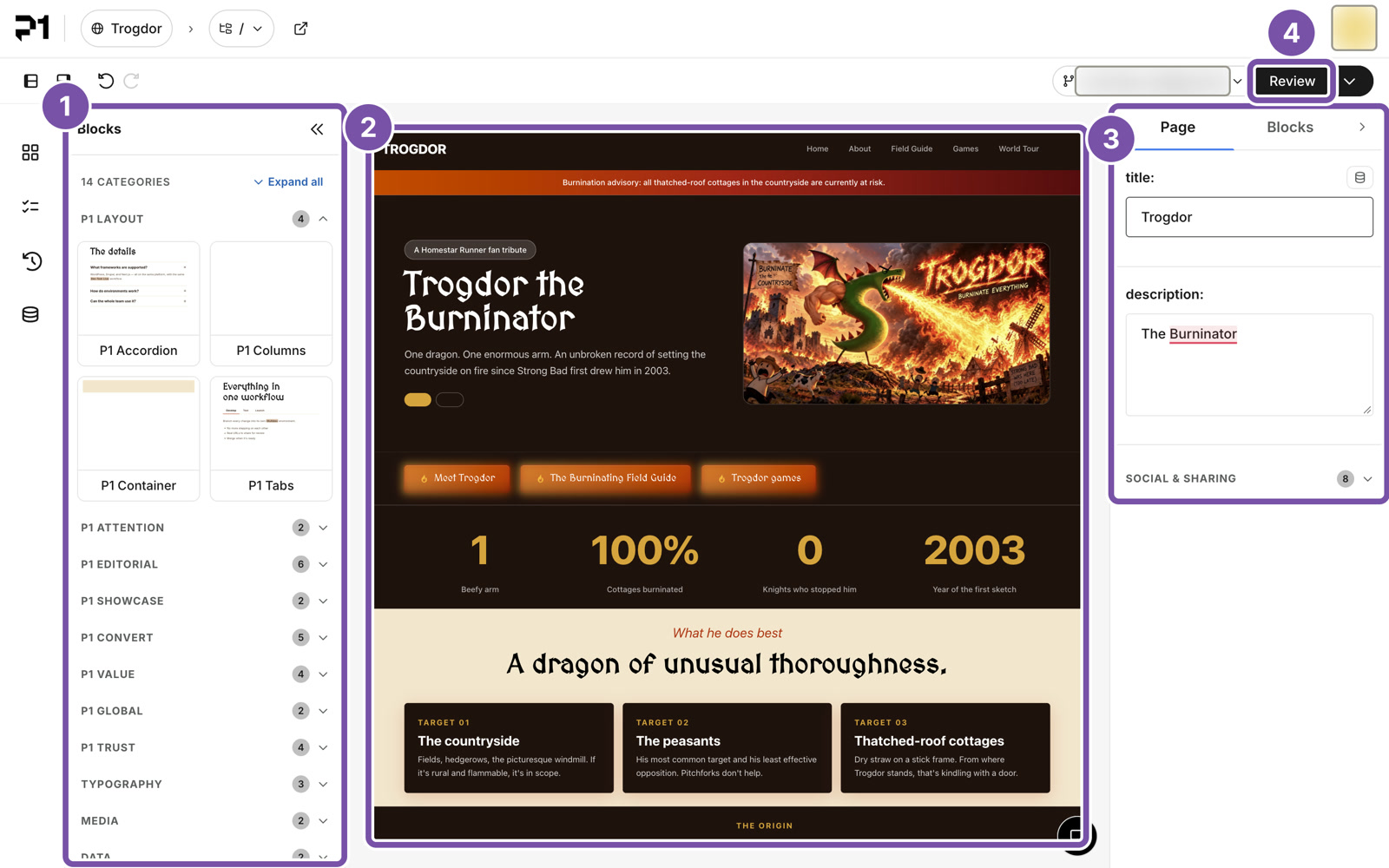 An annotated screenshot of the P1 editor: four numbered areas, the Blocks panel, the page canvas, page settings, and the Review button, each outlined in purple with a numbered badge.