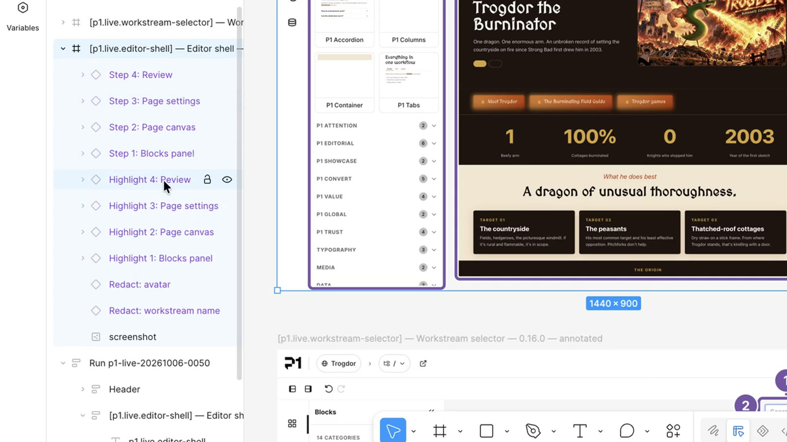 Figma's Layers panel for an annotated frame: Step 1 to 4, Highlight 1 to 4, two Redact layers, and the screenshot, all nested in the frame.