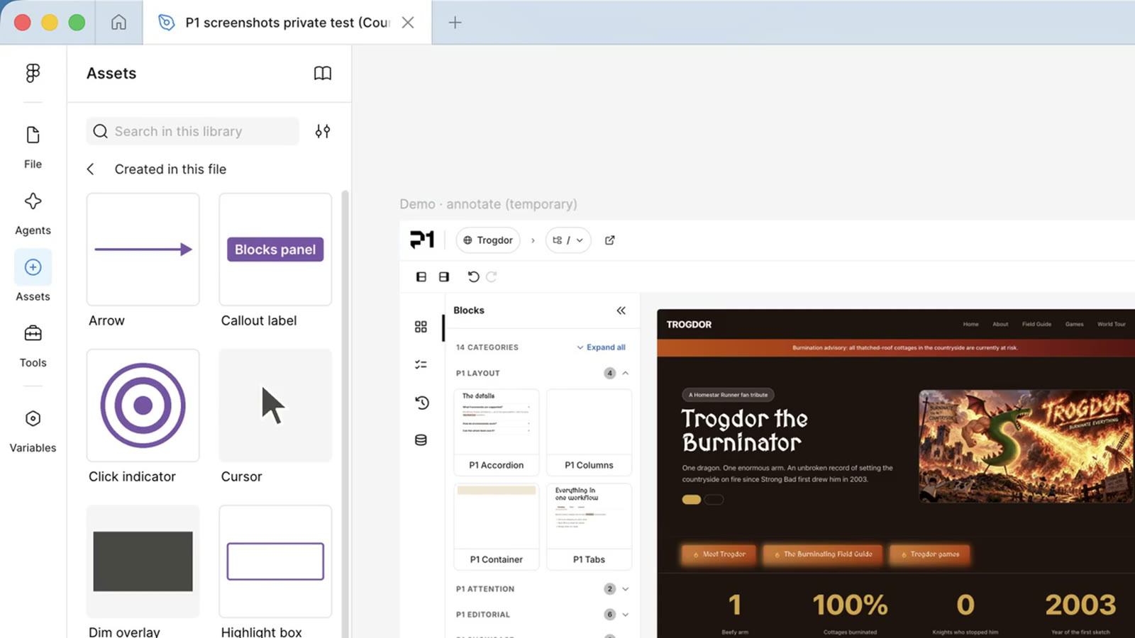 Figma's Assets panel listing the kit components: Arrow, Callout label, Click indicator, Cursor, Dim overlay, Highlight box, and more.